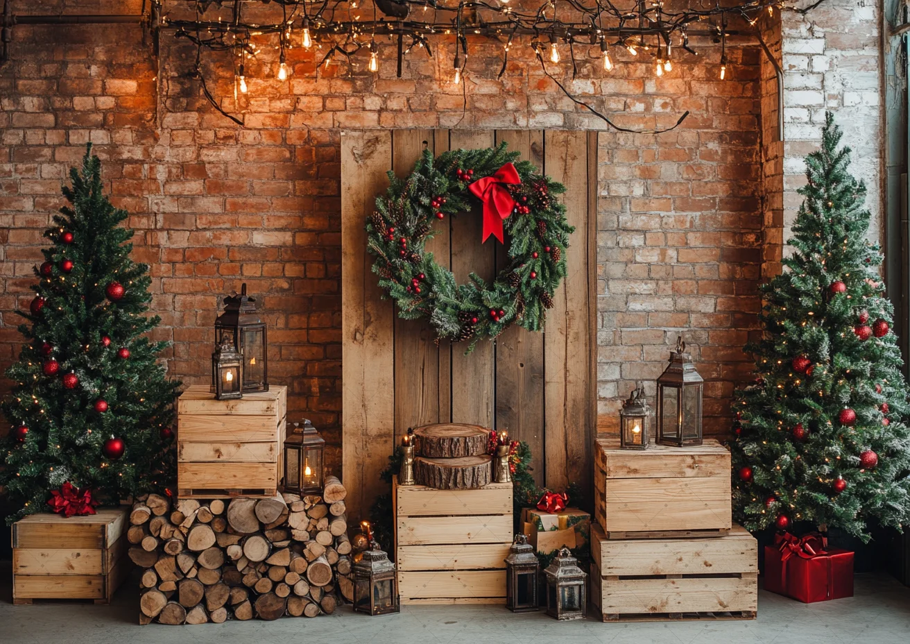 

Christmas Tree Room Background Photography Green Xmas Wreath Wooden Gift Booth Backdrop Kids Family Photo Studio Props