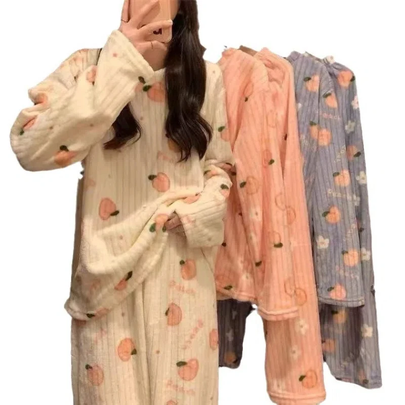 Thicken Velvet Pajama Sets Autumn and Winter Ladies Cute Two-Piece Coral Velvet Pullover Pajamas Plush Thickened Loose Homewear