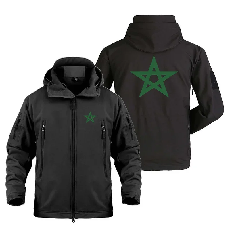 New Morocco Flag Print Outdoor Military Tactical Shark Skin Man Coats Fleece Warm SoftShell Jackets for Men