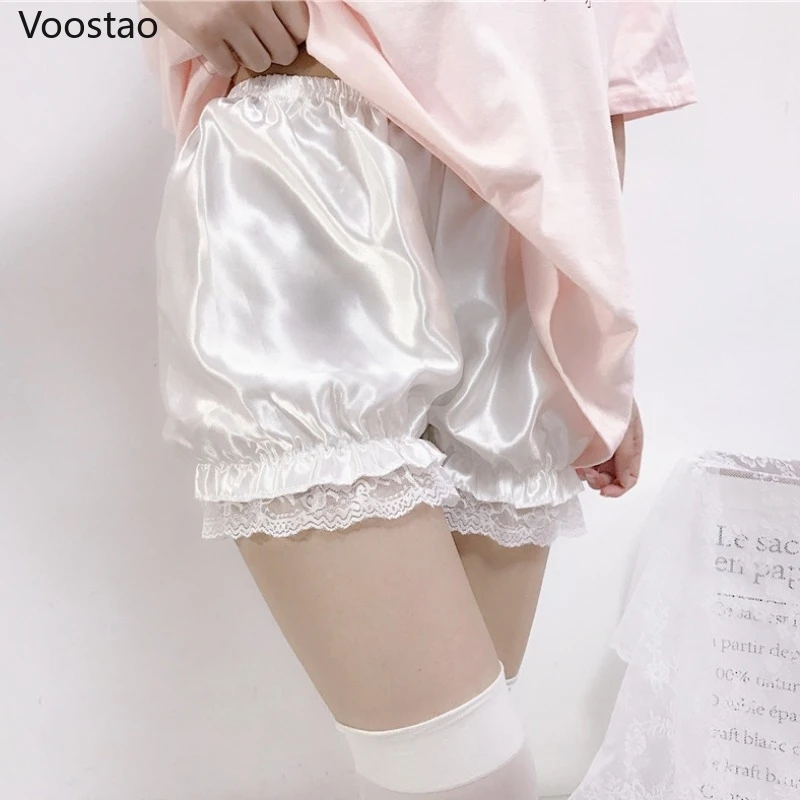 Cute Lolita Safety Short Pants Women Sweet Imitation Silk JK Bloomers Ruffles Lace Trim Panties Girly Pumpkin Shorts Pettipants