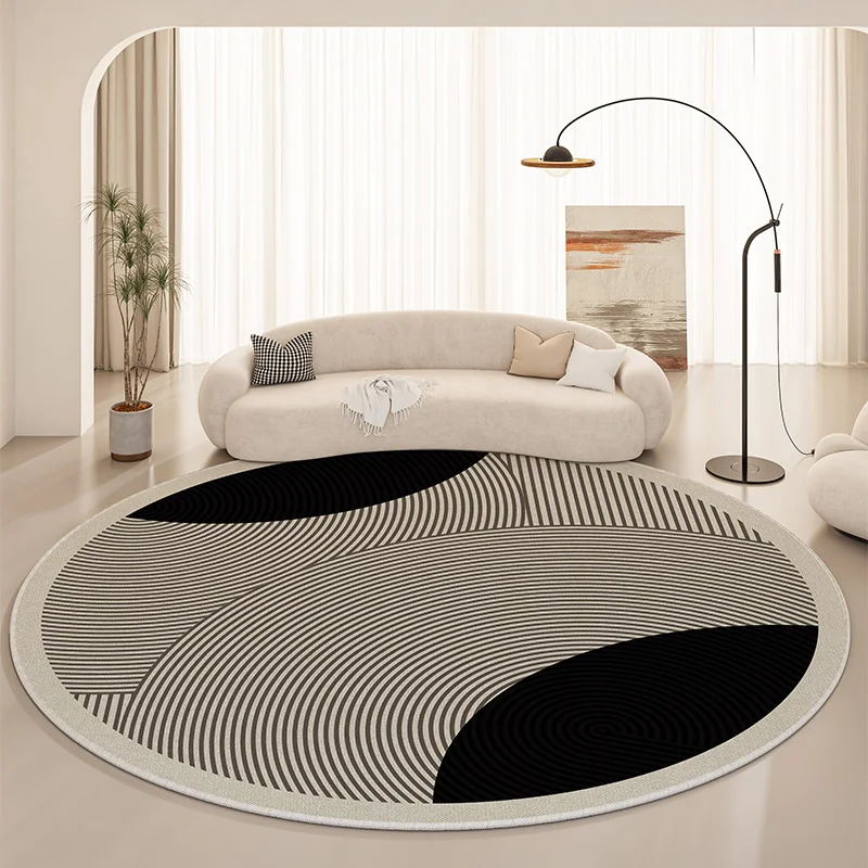 VIKAMA Nordic-Style Round Carpet With a White Base And Black Edges, Featuring Geometric Anti-Slip Design For Enhanced Stability.