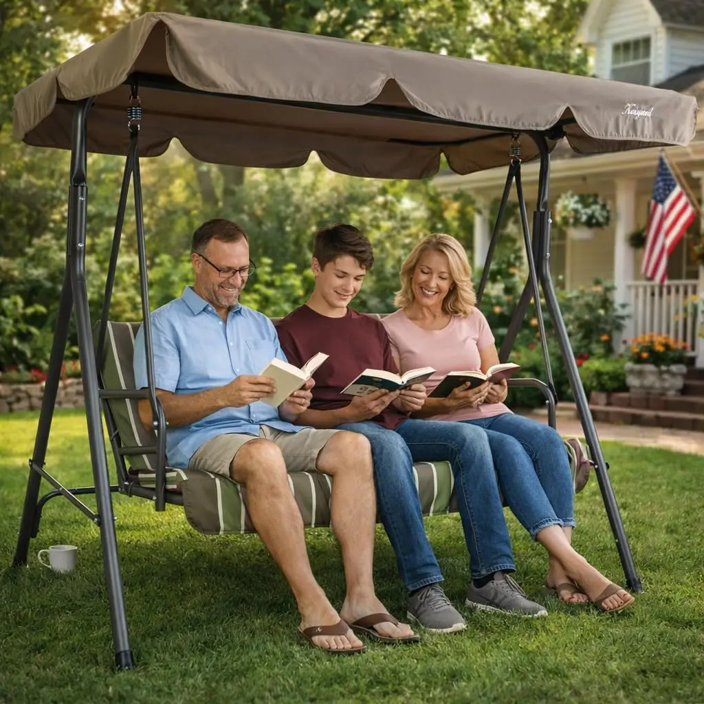 Outdoor Porch, Patio, Garden, Poolside Use - Steel Frame, Lime Stripe - 3 - Seat, Adjustable Canopy, Removable Cushions