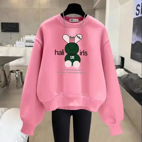 가을 겨울 새로운 패션 토끼 인쇄 후드 빈티지 세련된 느슨한 긴 소매 스웨터 여성 캐주얼 탑 풀오버