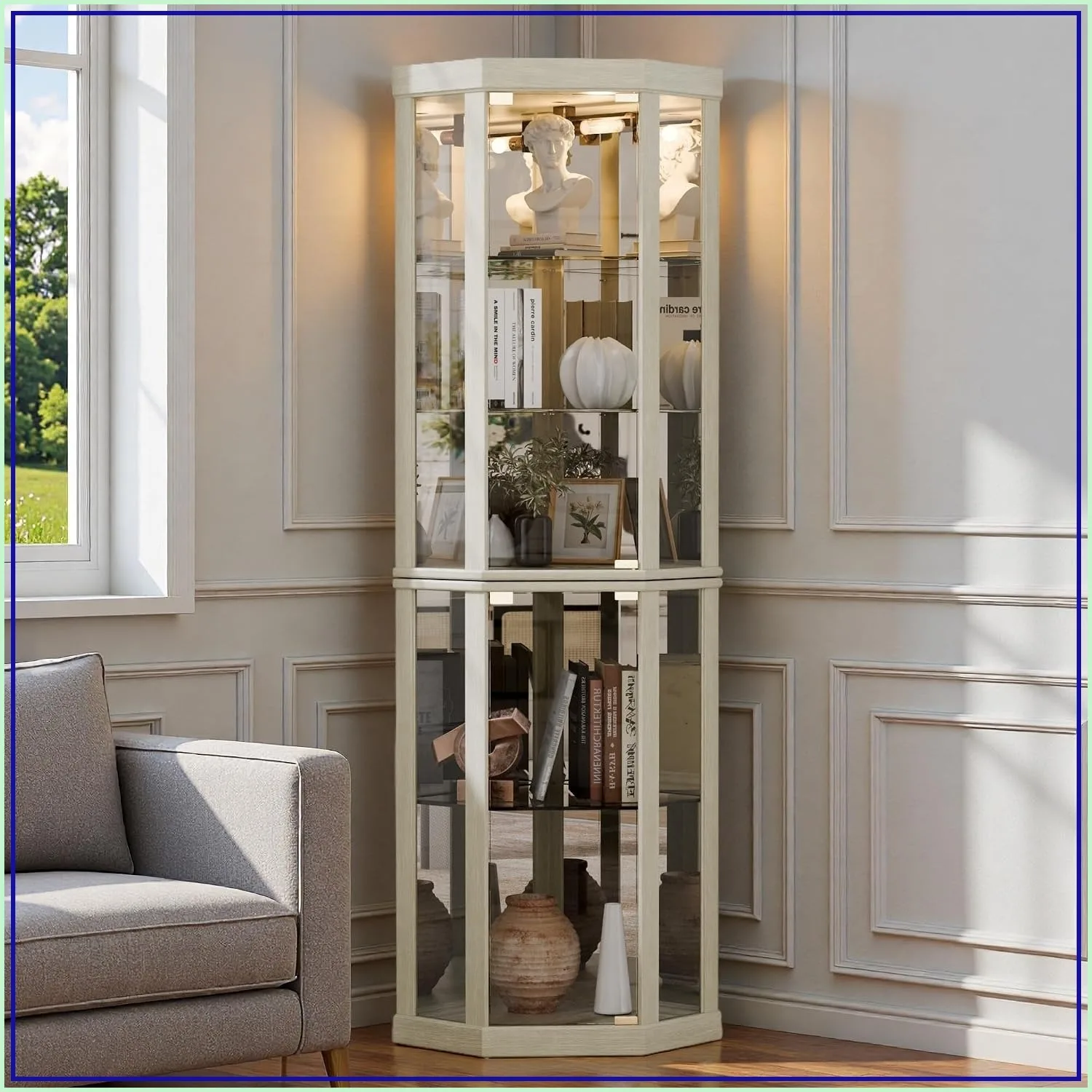 70" H Glass Display Cabinet, Curio China Cabinet, Antique White, 4 Shelves, Living Room