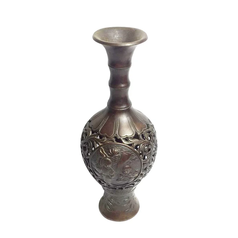 

Archaize Chinese Style Pure Copper Vase Handicraft Hollow Out Vase Home Hotel Decoration Brass Vases for Gift