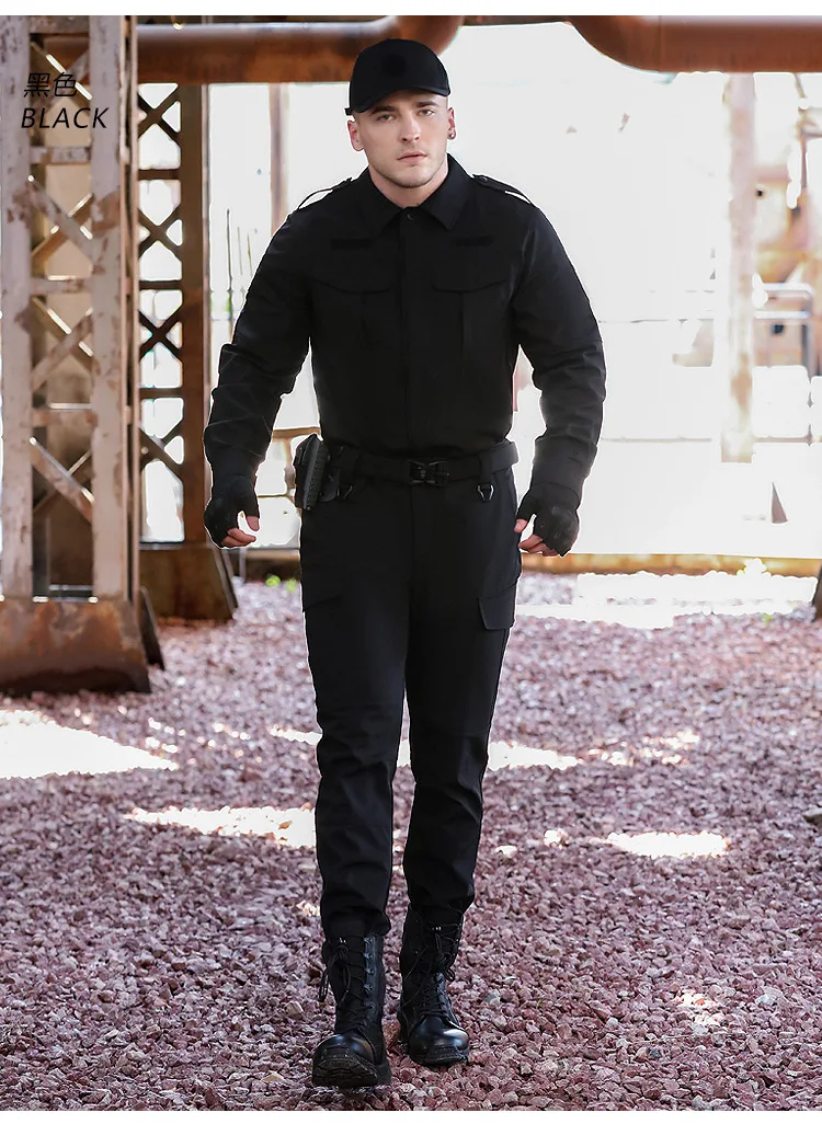 Black Blue Men\'s Clothing Security Guard Tactical Police Quick Dry Uniform Cargo Airsoft Training Long Sleeve Shirt  Pants Sets