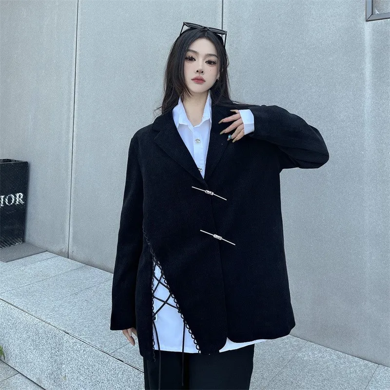 Harajuku Chinese Style Asymmetric Straps Black Suit for Female Autumn Jacket New Loose Version Temperament Thin Suit 2024