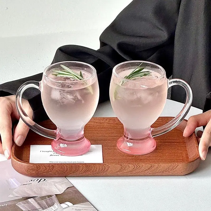 Clear Glass Beer Mug With Pink Footed Base Transparent Handle Coffee Tea Cup 350ml Heat Resistant Borosilicate Drinkware For