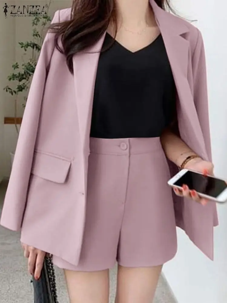 ZANZEA 2PCS Lapel Long Sleeve Solid Blazer Shorts Pant 2023 Work OL Matching Sets Spring Fashion Suit Elegant Vintage Tracksuit