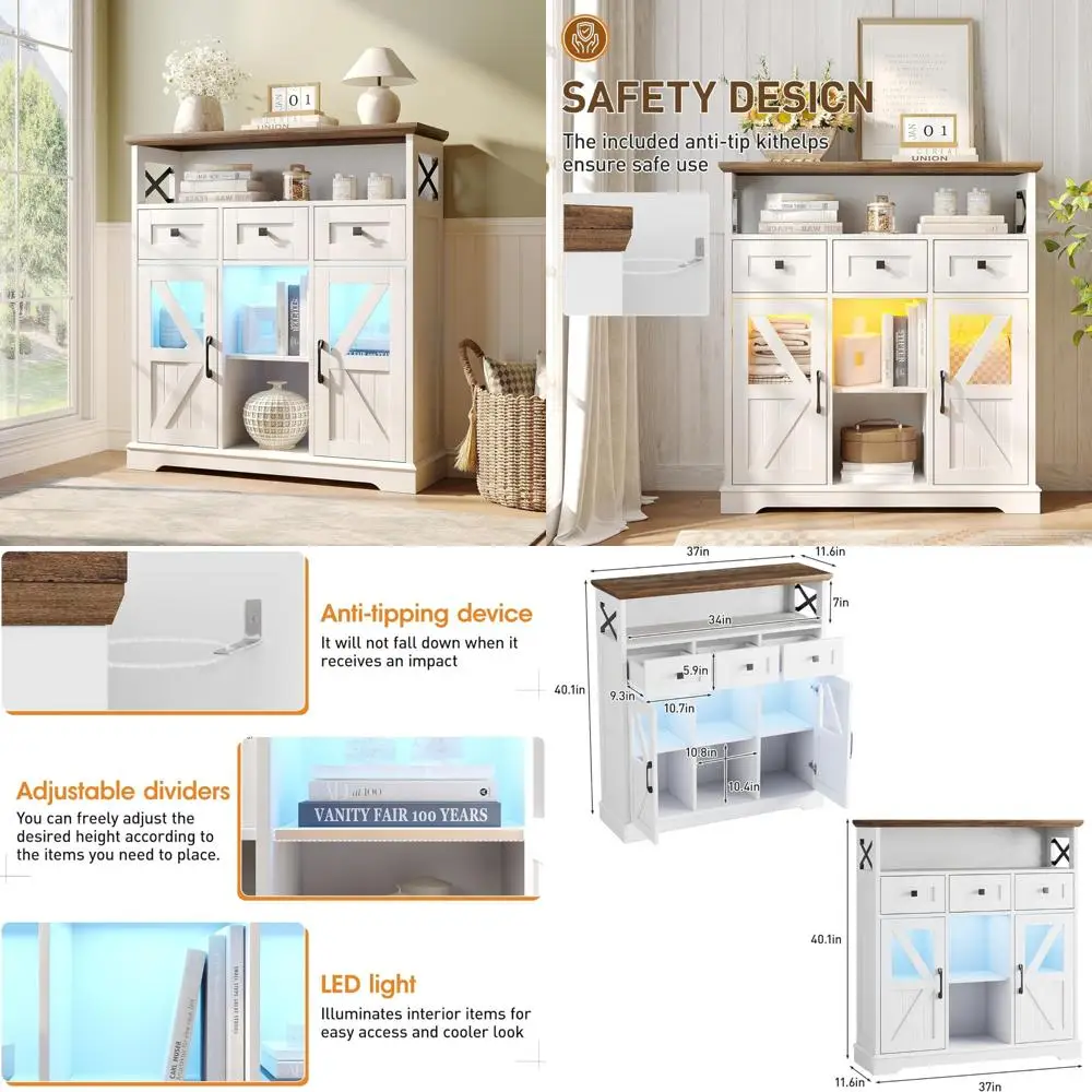Buffet de ferme moderne 37 avec éclairage LED et tiroirs de rangement