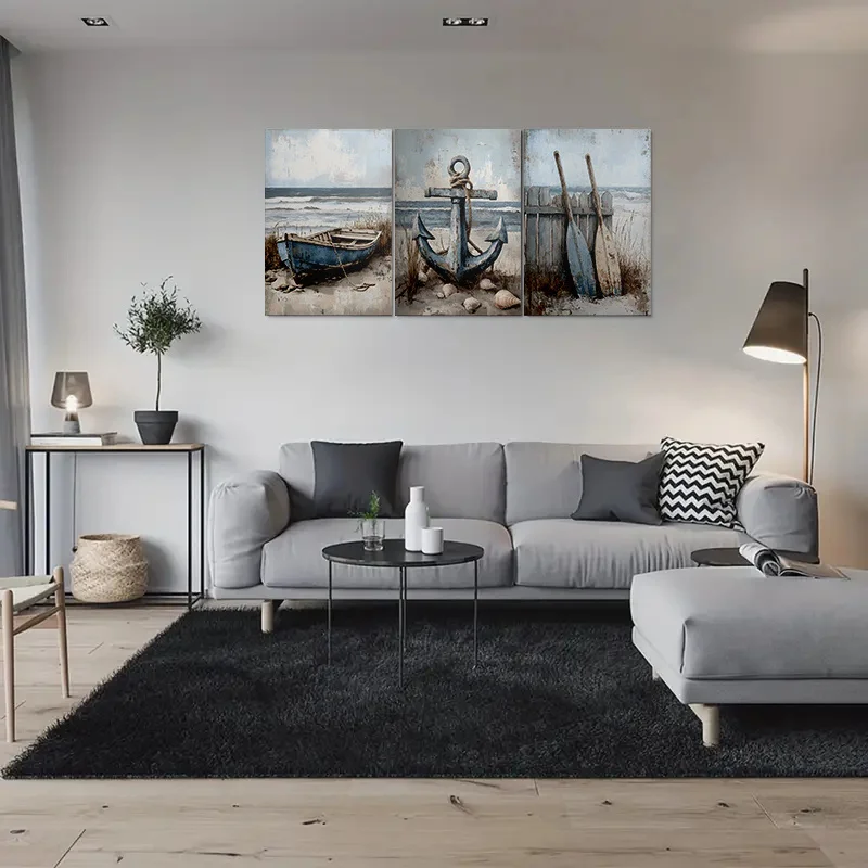 3 قطع من اللوحات القماشية بدون إطار، "مجموعة فنية جدارية بحرية لمشهد الشاطئ مكونة من 3 لوحات - مرساة، قارب، ديكور ساحلي للمجاديف" 11.8X15.7