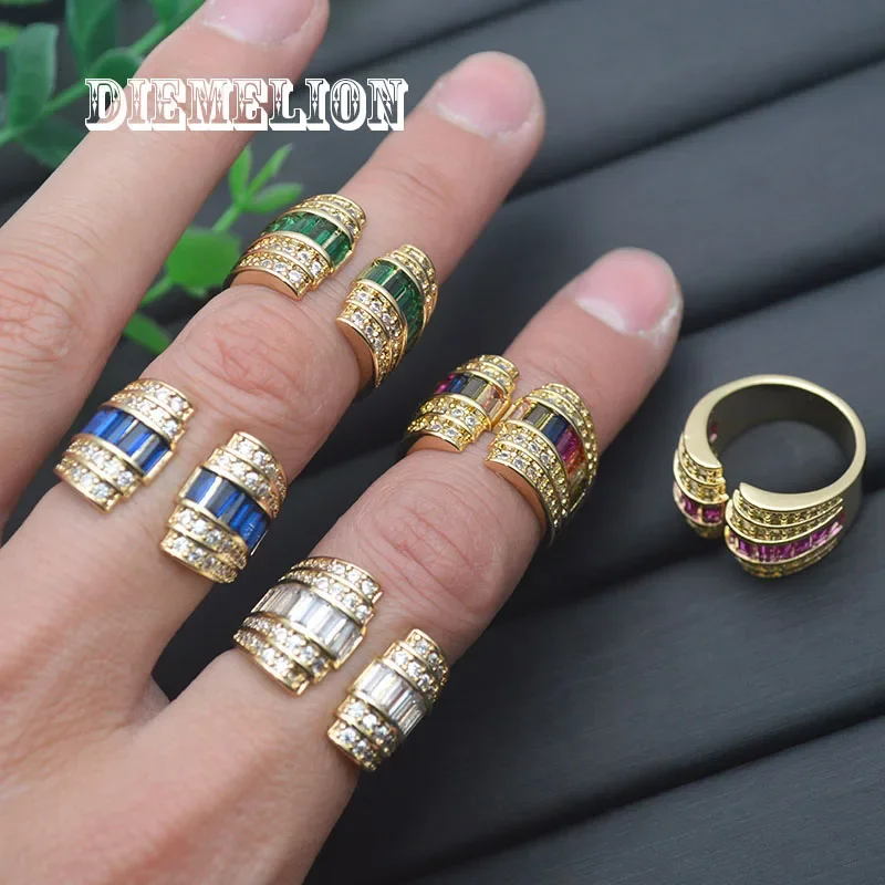 Luxury Murtilcolor Baguette Zirconia Rings for Women High Quality Gold Plated Open Adjustable Wide Ring Geometric Jewelry