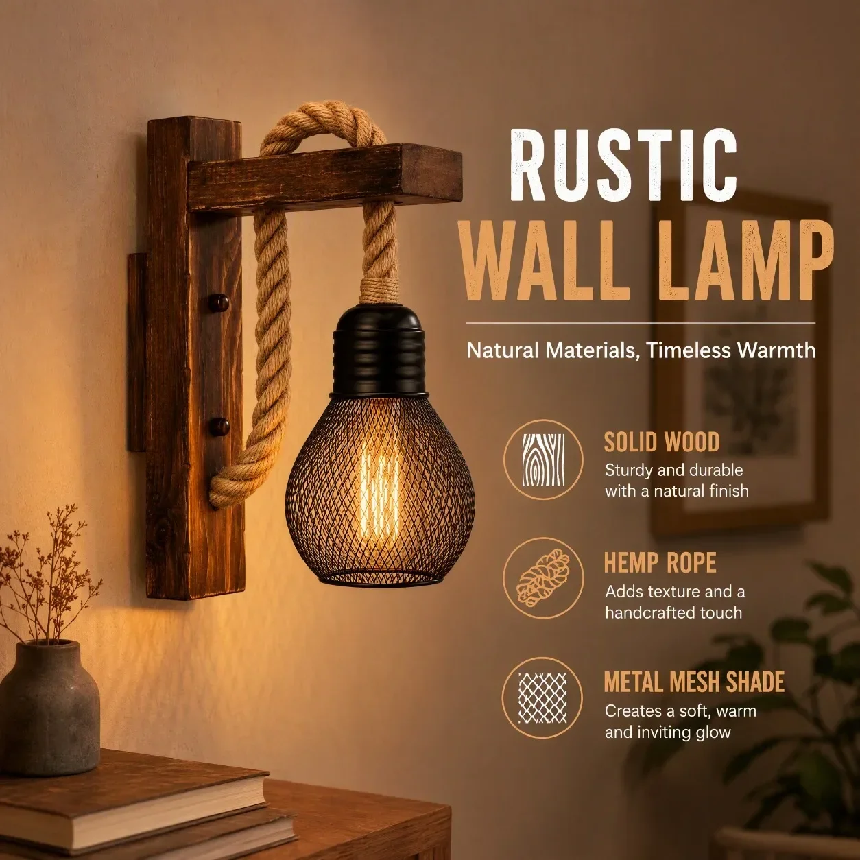 JOYINLED Industrial Wood Hemp Rope Wall Light, Creative Wall Lights Lamp Vintage Retro Lamp Lights for Bedroom Restaurant Cafe