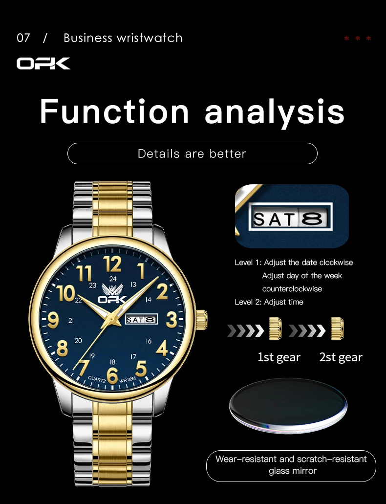 OPK Luxury Brand Quartz Watch for Men High Quality Waterproof Dual Calendar Display Men Watch