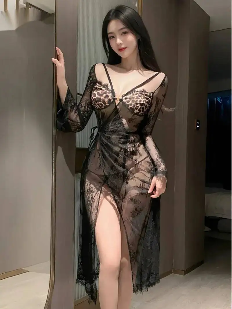 Vestido tentador de encaje romántico francés, elegante, Sexy, realista de la cadera, coqueteo, cuello en V, vestidos sexis calientes, Top transparente de encaje de malla 9W1B