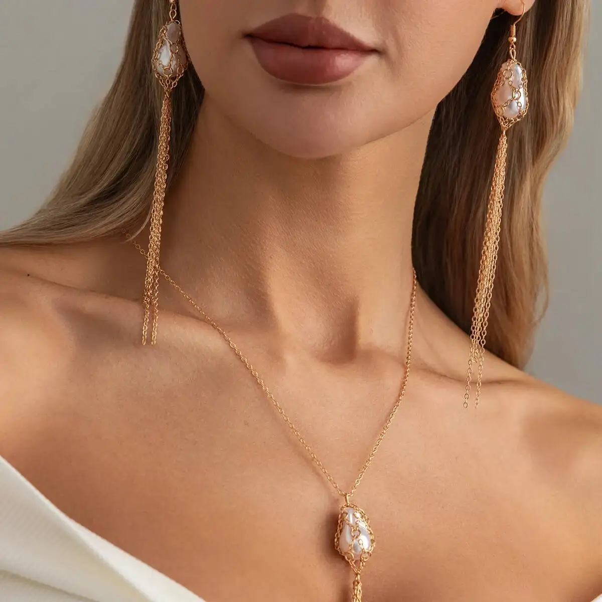 

Ingemark 2Pcs/Set Elegant Baroque Imitation Pearl Pendant Necklace Drop Earring Women New Long Tassel Copper Chain Jewelry Set