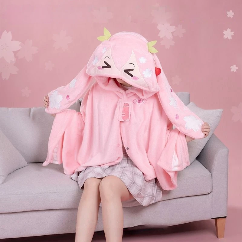 Kawaii Hatsune Miku couverture Anime mignon étudiant avec oreilles dessin animé cape à capuche doux garder au chaud flanelle fille châle Festival cadeau