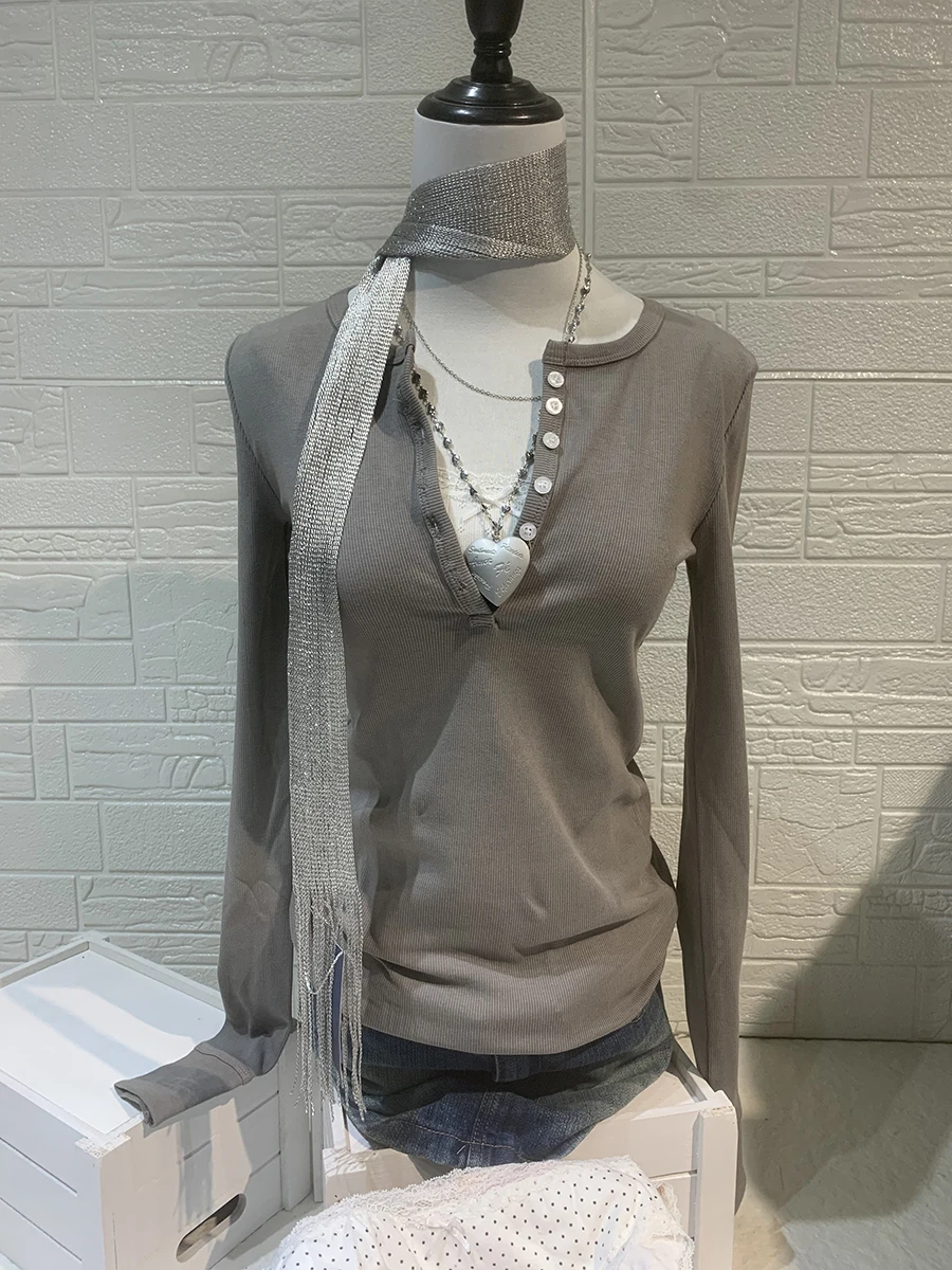 

Six Buttons Ribbed Long Sleeve T-shirts Woman Autumn O-neck Cotton Slim Tee Tops Female Casual Fashion Solid All-match Tshirt