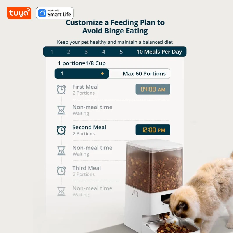 Tuya Wi-Fi 5L Automatic Pet Feeder, Dual feeding function, Smart Life APP, Remote Control-Dispenses Kibble For Dogs And Cats