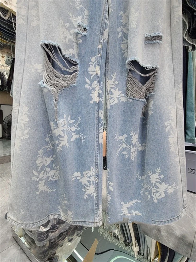 Novedad de verano para mujer, pantalones de suelo a la moda y con estilo, pantalones vaqueros de pierna ancha rasgados con estampado floral retro de estilo americano