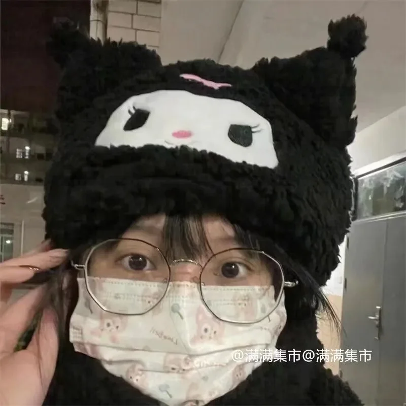 Sanrio Kuromi Scarf Hat Glove One Piece Cute Cartoon Plush Thickening Warm Anti-Cold All-In-One Hat Anime Toys for Girls Gift