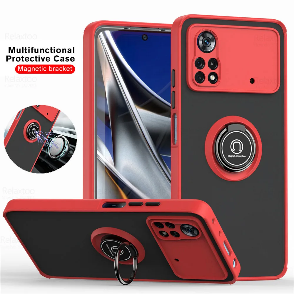 Matte Armor Camera Shockproof Cover For Xiaomi Poco X4 Pro 5G Case Poko Poxo X 4 Pocox4 x4Pro NFC Car Magnetic Ring Stand Fundas