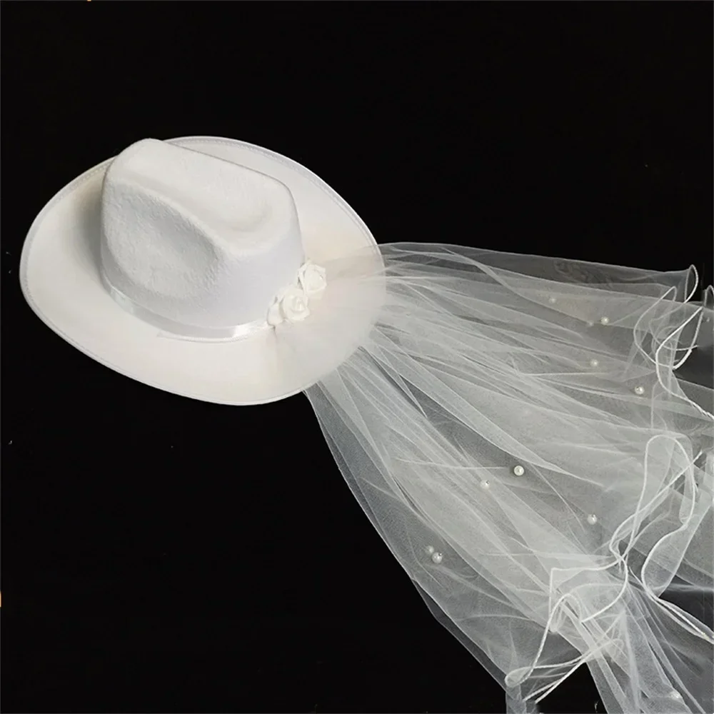 Bride White Cowboy Veil Hat Pearl Rhinestone Wedding Cowgirl Hat Bach Bachelorette Hen Party Bridal Shower Decoration Gift