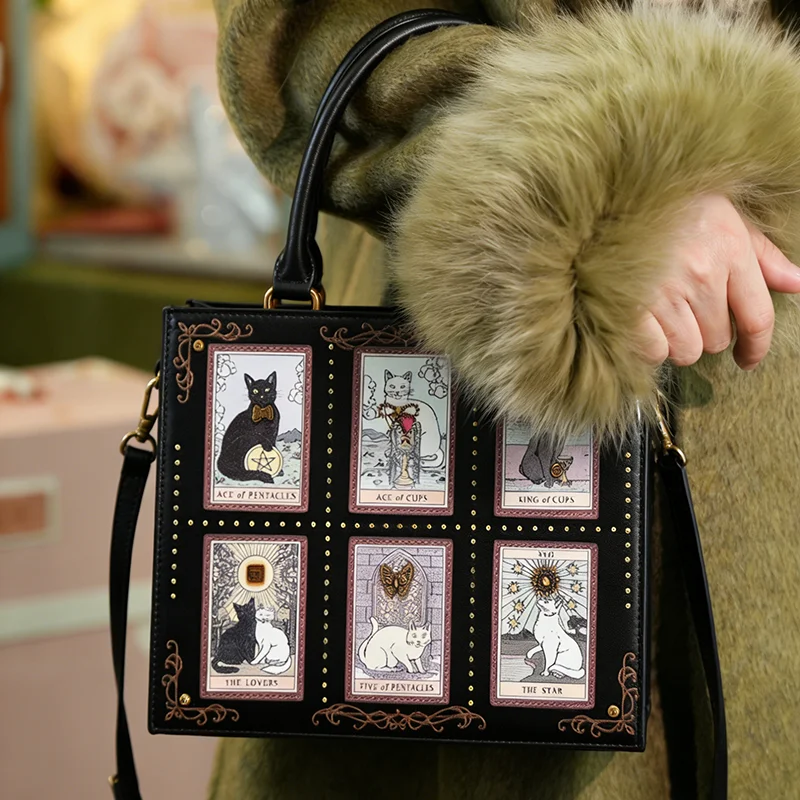 

Lucky Cat Handbag Stylish Elf Cat Large Square Shoulder Crossbody Bag Retro Graffiti Design Women' Briefcase Trendy New Tote Bag
