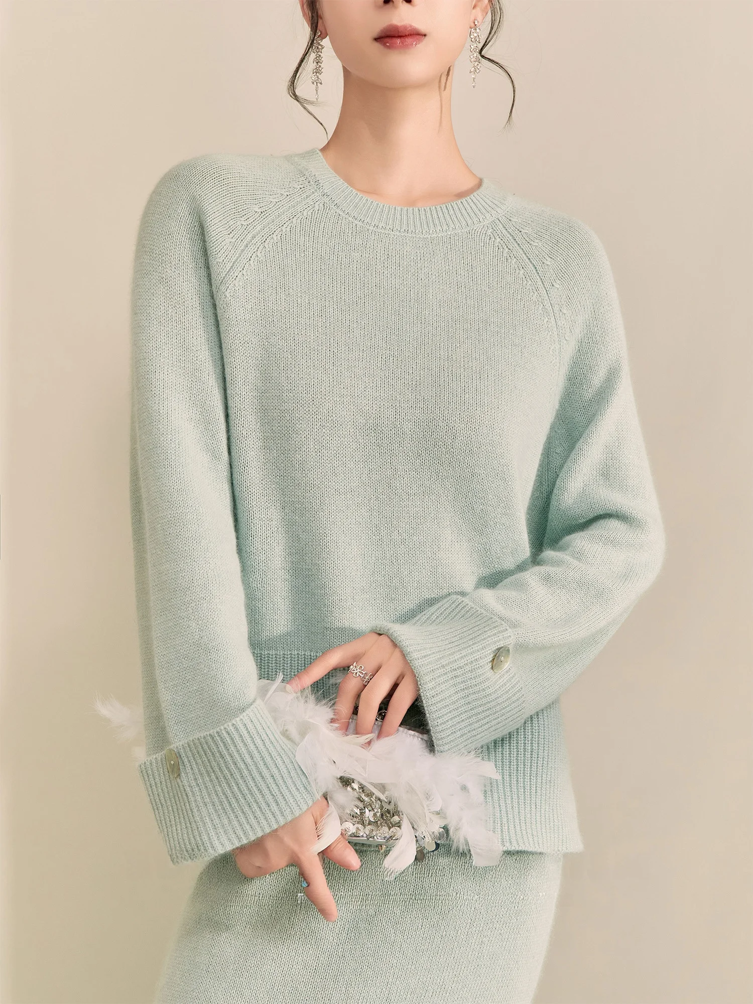 

Осенне-зимний вязаный комплект Flowing Era, свободный свитер с запахом и манжетами, топ и юбка Ele Sle