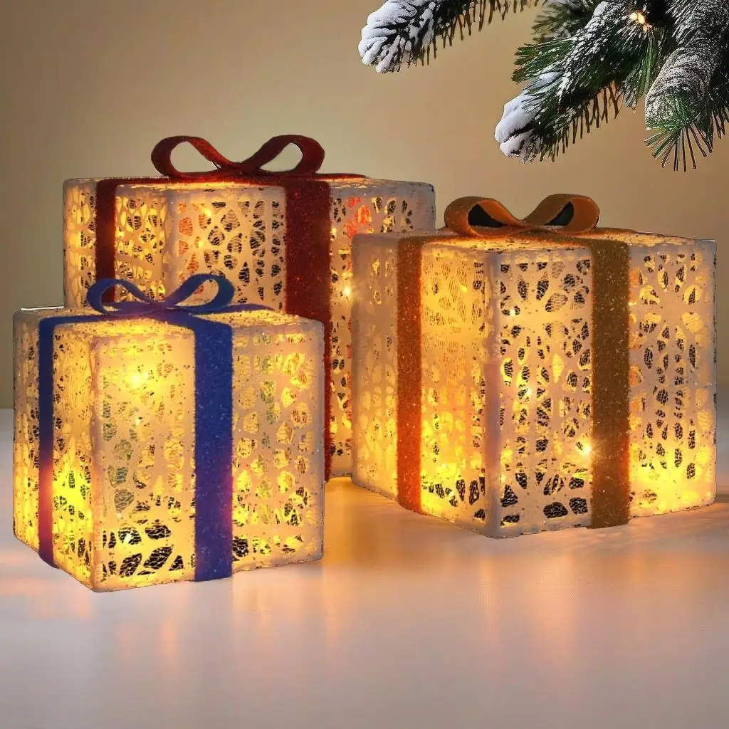 3-Piece Lighted Christmas Gift Boxes with 64 Warm White LEDs for Holiday Decor