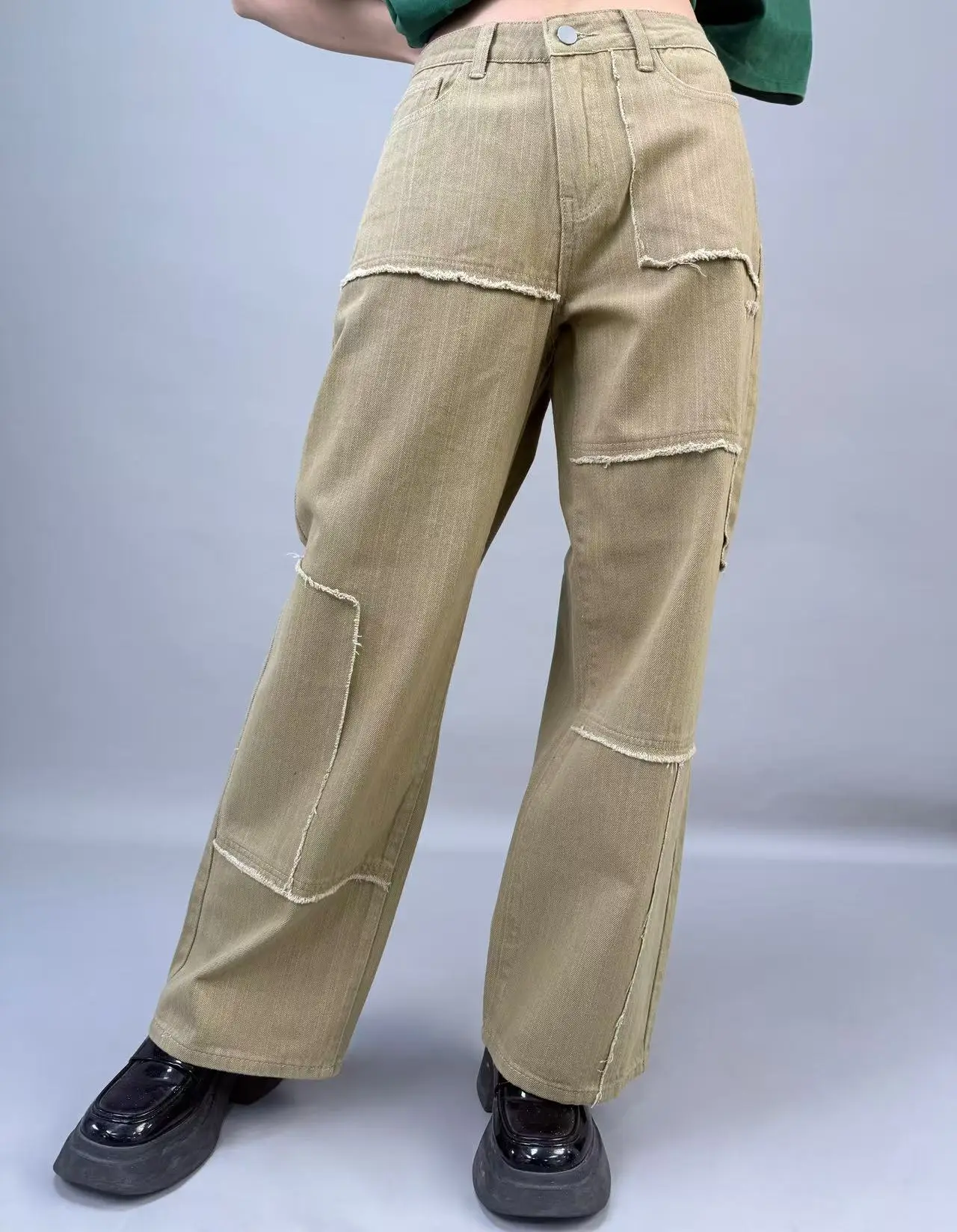 

American high street khaki splicing design women's straight leg hanging wide leg pants
