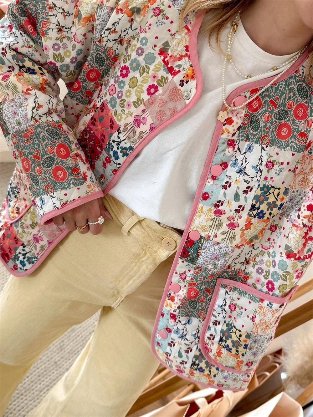 Vintage Flower Printed Patchwork Cotton Jacket and Mini Skirt for Women Autumn Pink Single Breasted Short Coat Zipper Skirt Set