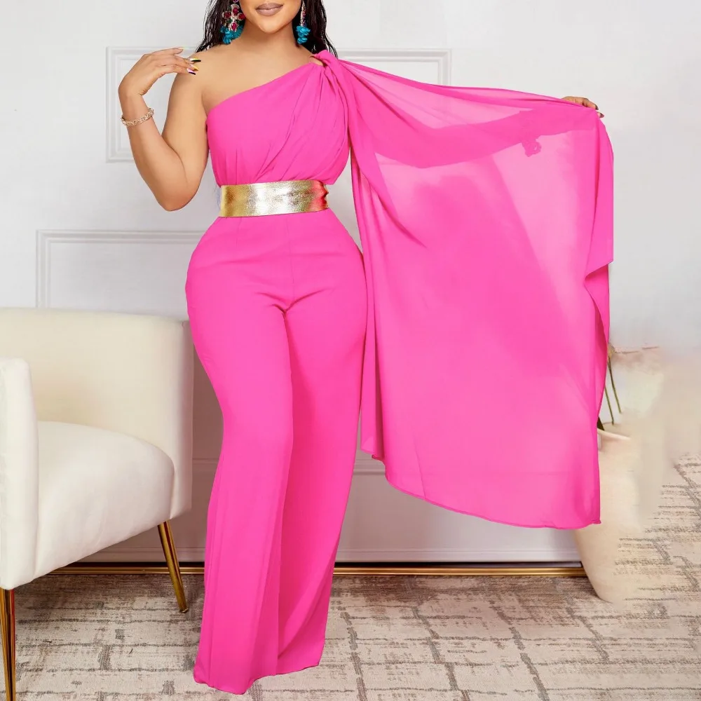 

Women's Spring and Summer New Style Fashionable and Slanted Collar Spliced High-waisted African Jumpsuit