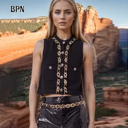 BPN Solid Patchwork Chains Temperament Tank Tops For Women Round Neck Sleeveless Spliced Pockets Elegant Vests Female Fashion