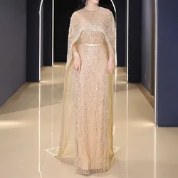 Robe de Soirée de Luxe pour Femme, Tenue de Mariage Arabe, avec Cape, Perles, Champagne, Dubaï, 2023