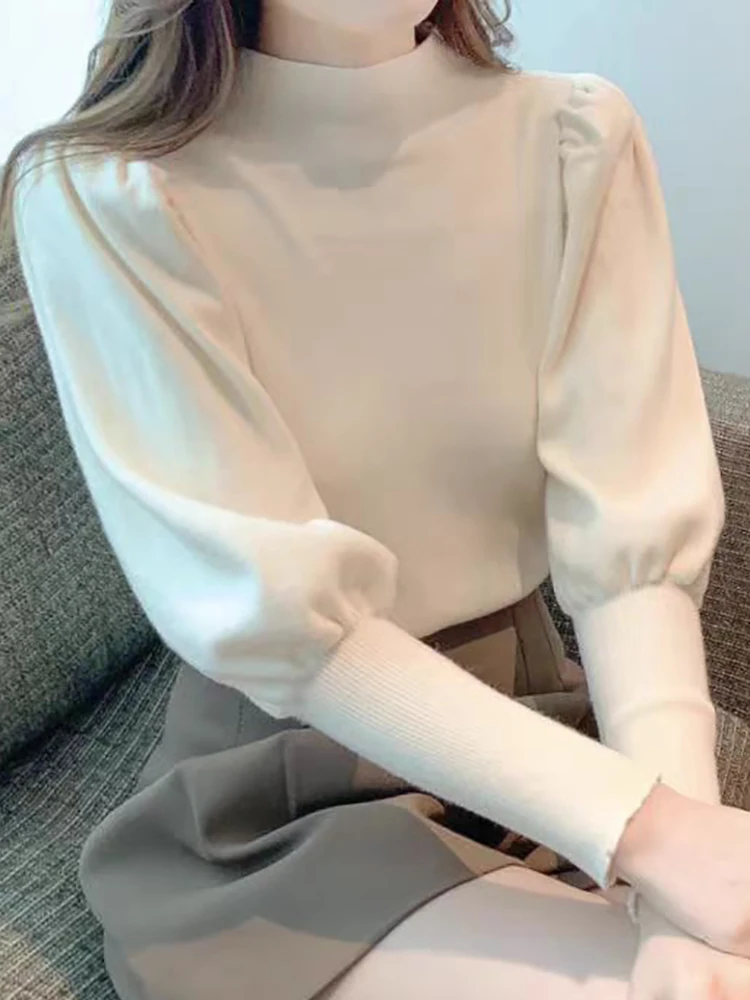 เสื้อสเวตเตอร์คอเต่าทรงเข้ารูปสำหรับฤดูใบไม้ร่วงและฤดูหนาว สไตล์เกาหลี แขนพอง ผ้าถัก ยืดได้ แฟชั่นสำหรับผู้หญิง