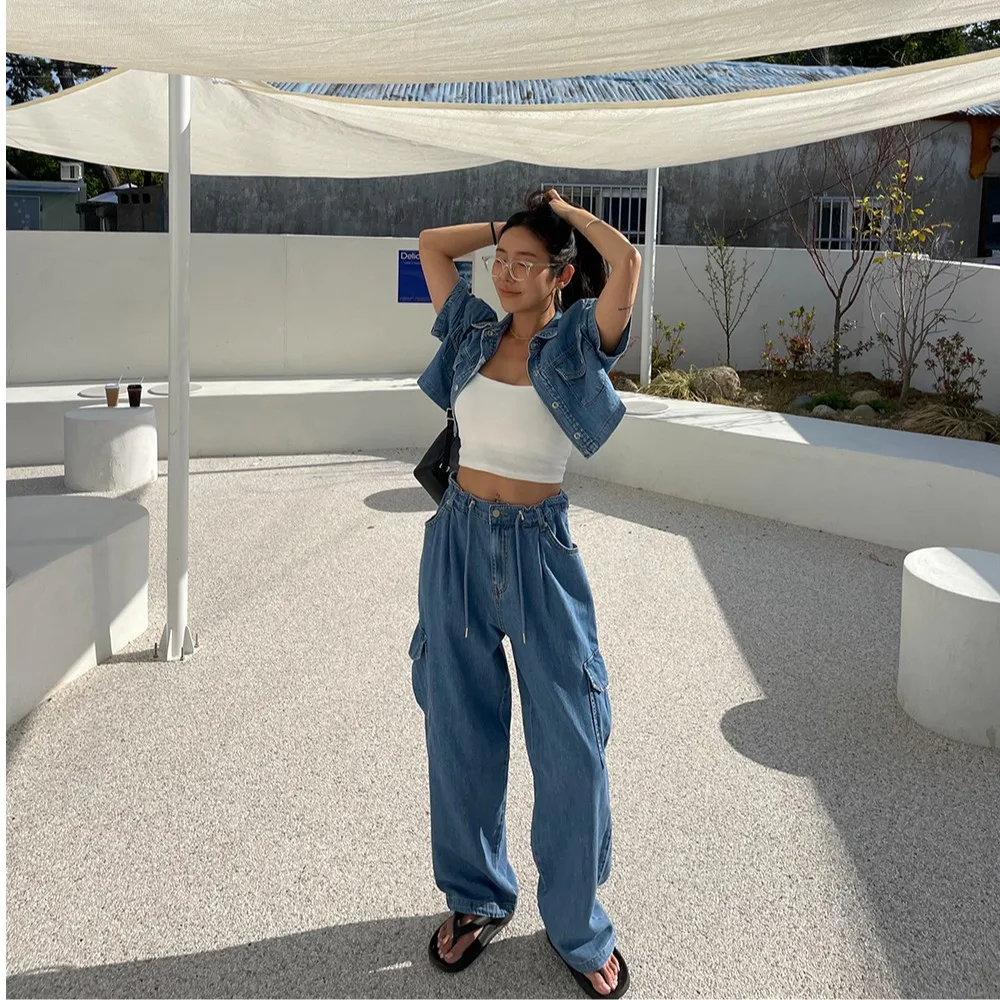 Casual Wide Leg High Waist Jeans Drawstring Pocket Workwear Trousers 2 Colors Personalized Loose Fit Standard Size Cotton