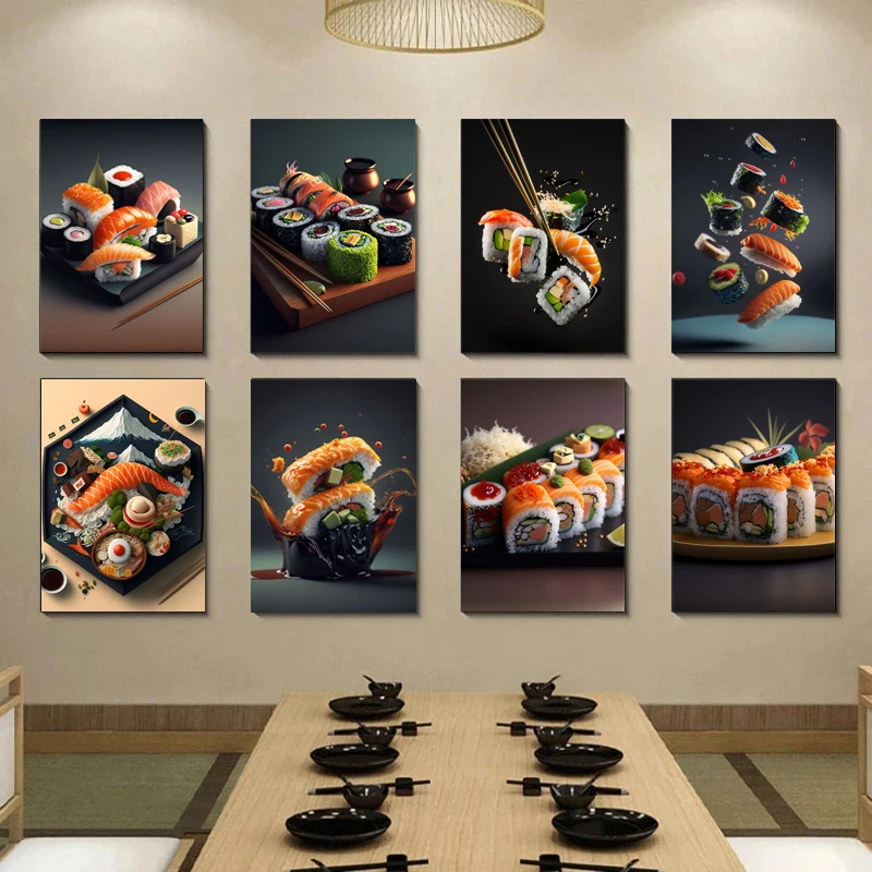 Classic Japanese Cuisine Sushi Salmon Nori on A Delicate Plate Poster Canvas Printing Art Home Room Wall Decoration Painting