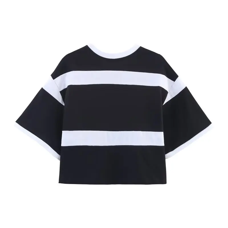 2025년 여름 신상 여성 티셔츠 자수 스트라이프 드레이프 숄더 반팔 캐주얼 스타일 라운드넥 숏 기장