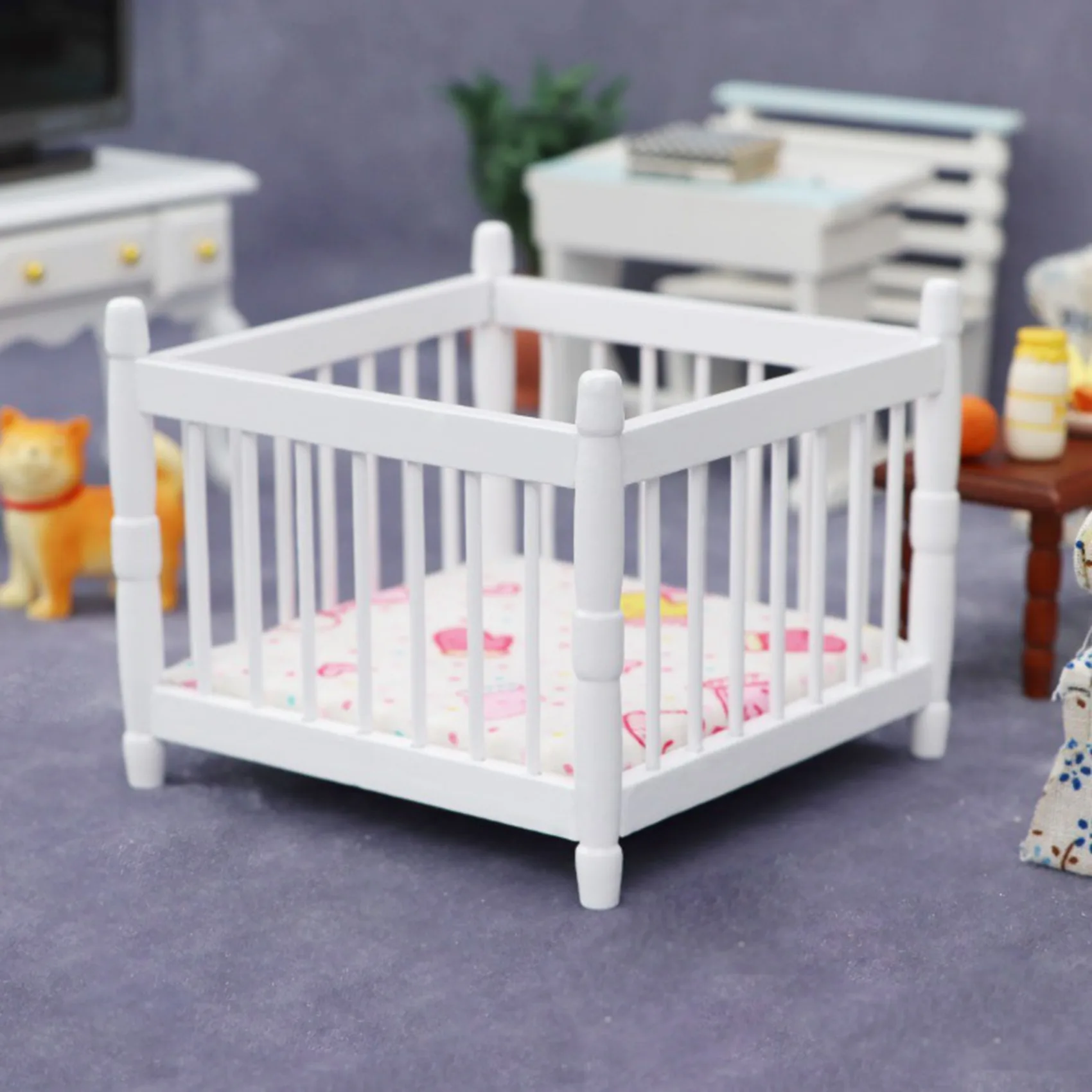 1/12 Doll House Wooden Furniture Crib for Baby Cradle for Doll House Furniture Decor Accessory White