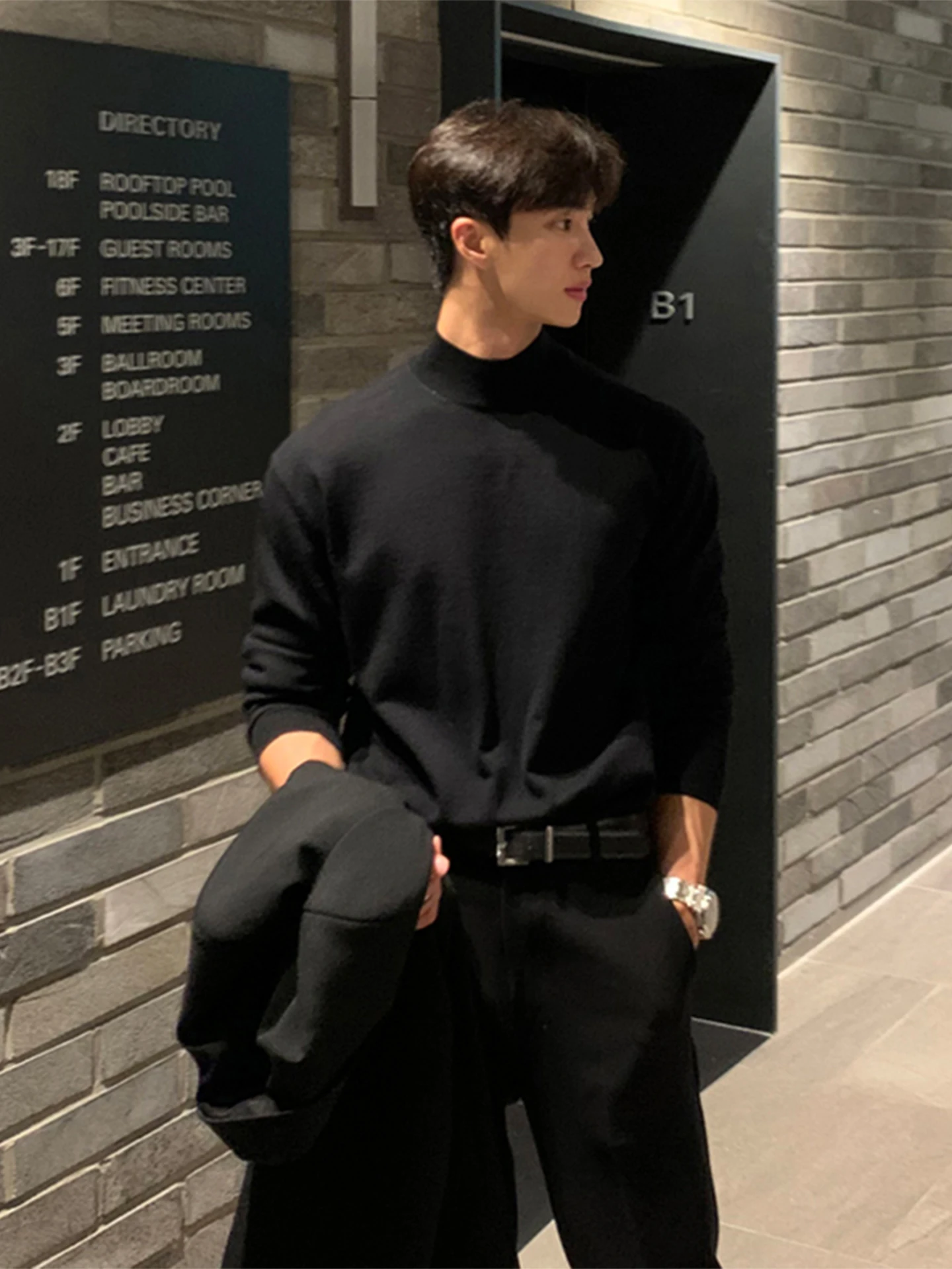 

Korean Sle Loose Fit Bla Knit Sweater Men's Winter Warm f High Collar Simple Cool Trendy Brand Overhead Base Layer