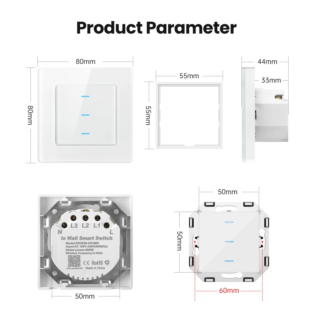 AVATTO-Tuya WiFi Smart Touch Switch, 1, 2, 3 Gang, Painel Destacável, Lâmpada de Parede, Interruptor de Luz, Funciona com Alexa,Google Home,Alice