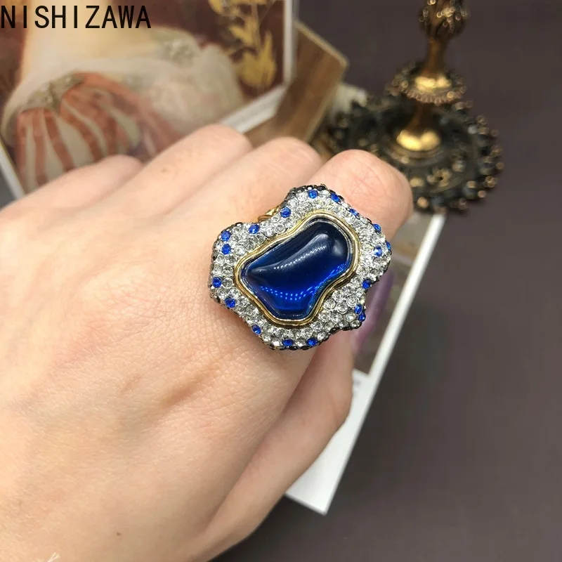 

NISHIZAWA Blue Glaze Rings for Women Vintage Irregular Geometric Anillos Mujer Palace Style Luxury Fashion Forefinger Jewelry