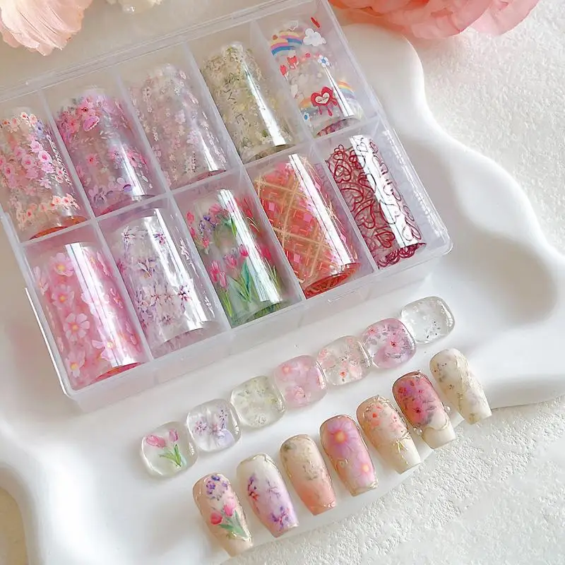 Flower Rose Nail Transfer Foils 10 Rolls Butterfly Floral Slider Paper Set for DIY Nail Art Salon Manicure Decoration