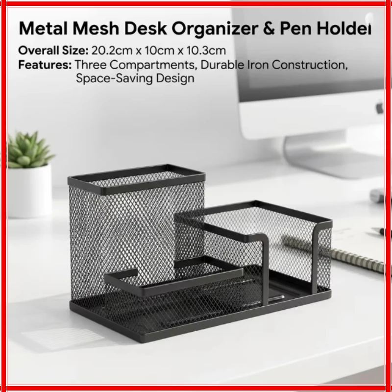 Black Mesh Desk Organizer with Pencil Holder And Storage Baskets 3 Compartments Office Supplies Caddy for Desktop Accessories