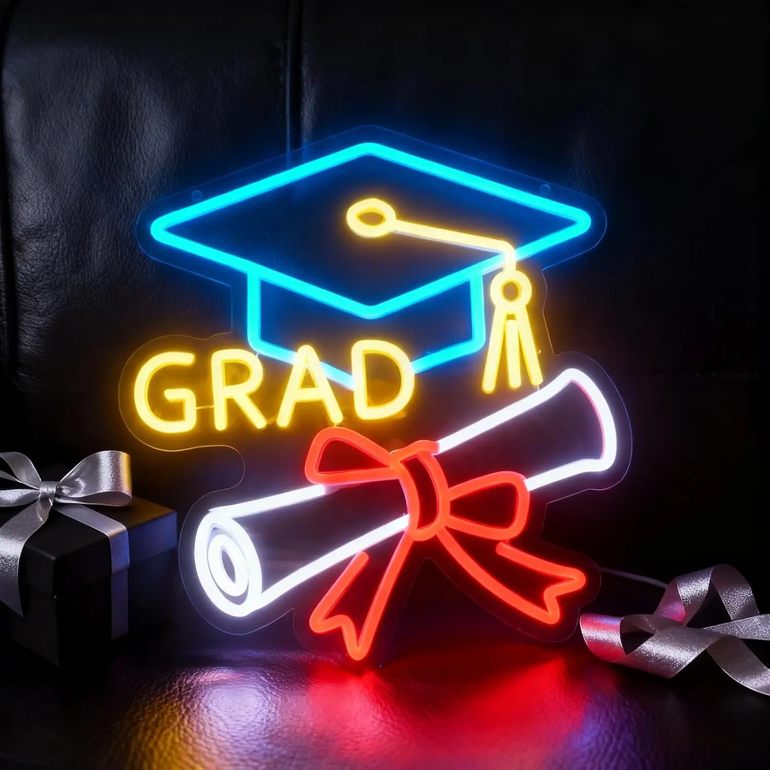 Grad Neon Sign Graduation Cap Diploma LED Neon Light Party Bedroom Home Decor Class of 2026 Christmas Gift USB Powered