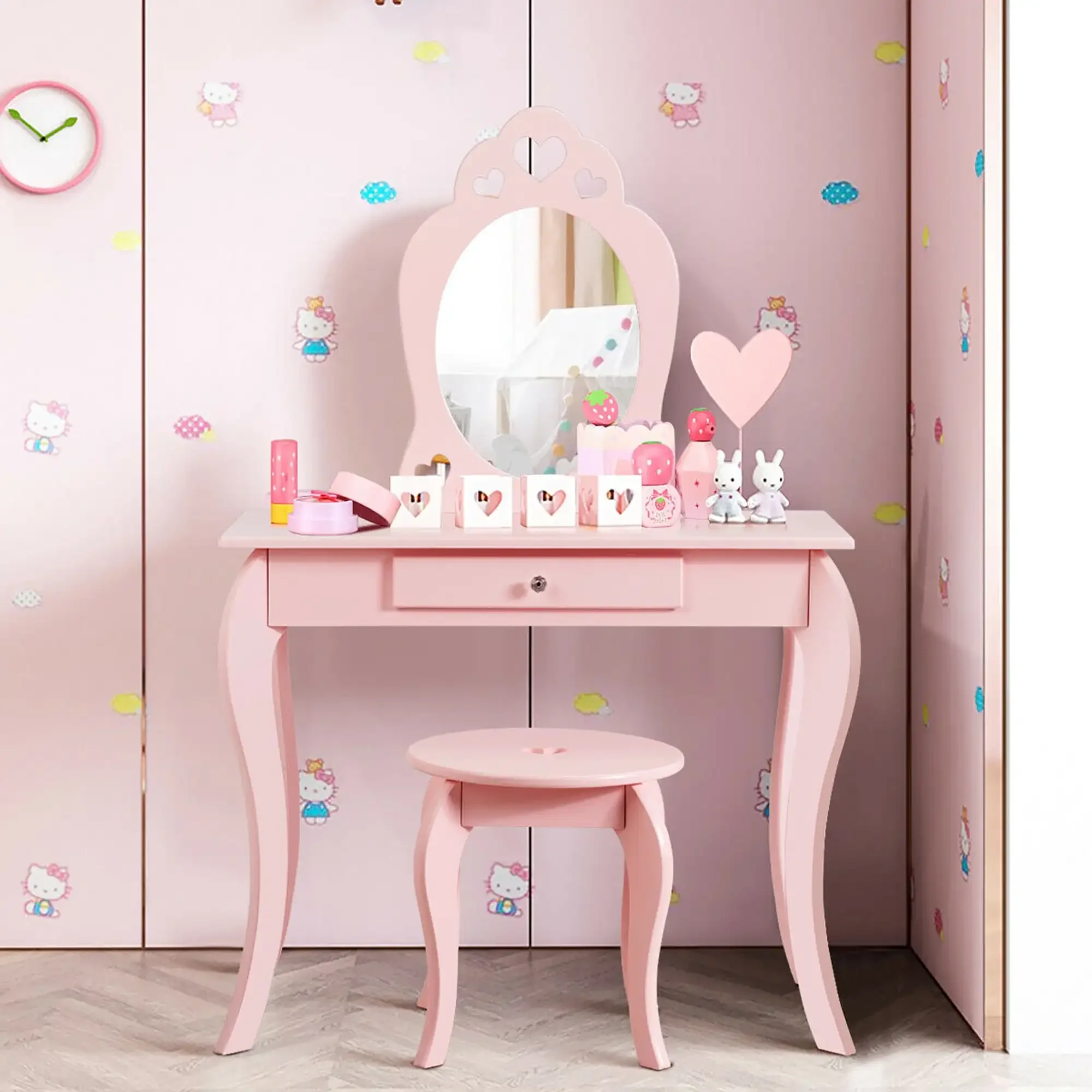 

Kids Vanity Set Princess Makeup Dressing Play Table Set W/Mirror Pink