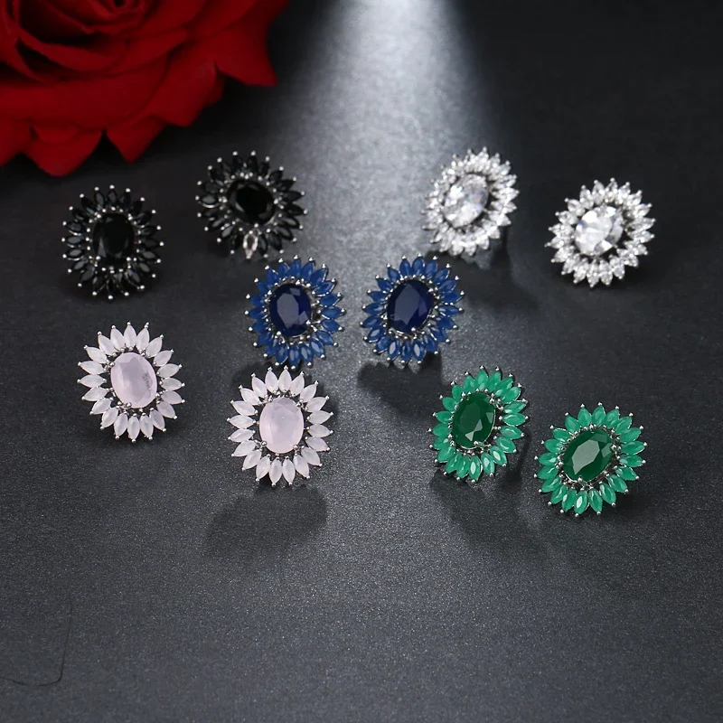 LXOEN Fashion Round Zircon Women Stud Earrings With Silver Color Studs Ear Girl Druzy Earrings Jewelry brinco Gift bijoux