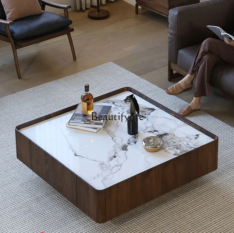 

Italian Light Luxury North America Black Walnut Stone Plate Coffee Table Living Room Square Household Solid Wood Tea Table