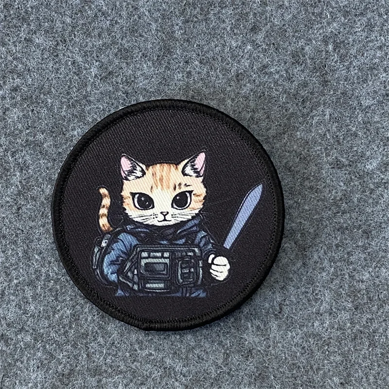 Cute Cat Warrior Print Patch Military Tactical Badge Kitten with Sword Hook and Loop Appliques for Clothes Backpack Patches